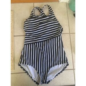 Lands' End Women's Medium Black & White Striped High Neck 1 Piece Swimsuit